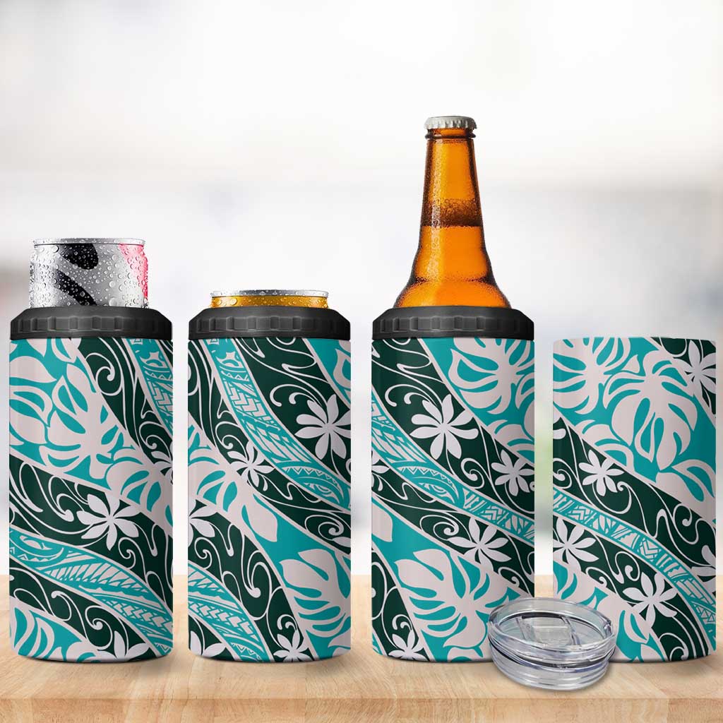 Cyan Tahiti Tiare Monstera 4 in 1 Can Cooler Tumbler Polynesian Pattern Curve Style - Polynesian Pride