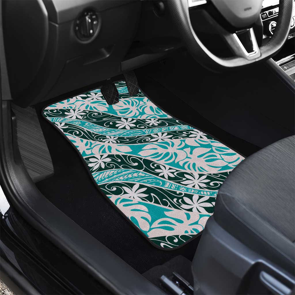 Cyan Tahiti Tiare Monstera Car Mats Polynesian Pattern Curve Style - Polynesian Pride