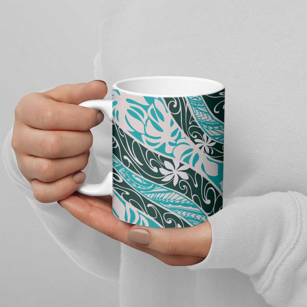 Cyan Tahiti Tiare Monstera Ceramic Mug Polynesian Pattern Curve Style - Polynesian Pride