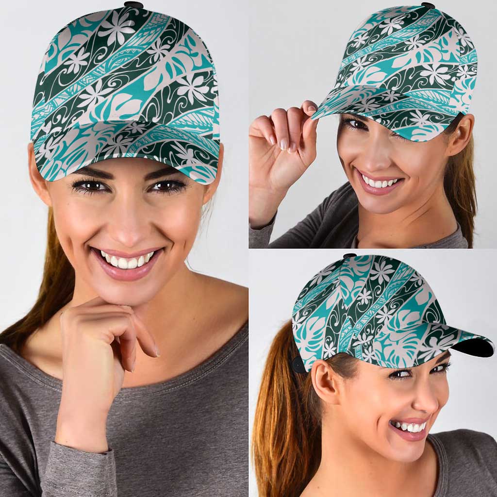 Cyan Tahiti Tiare Monstera Classic Cap Polynesian Pattern Curve Style - Polynesian Pride