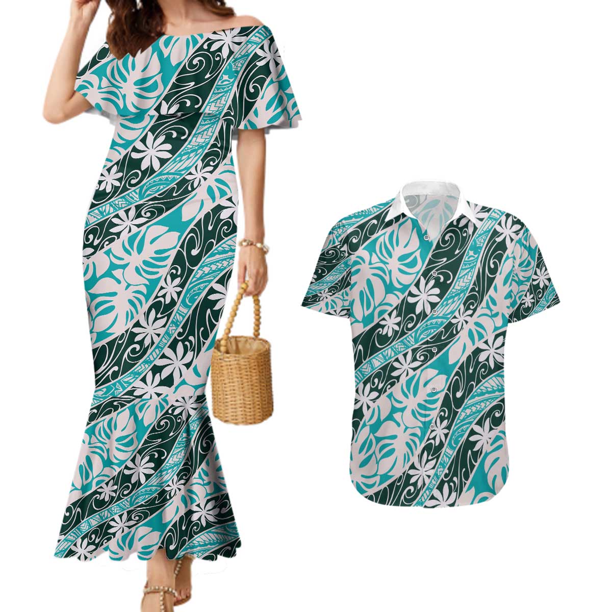 Cyan Tahiti Tiare Monstera Couples Matching Mermaid Dress and Hawaiian Shirt Polynesian Pattern Curve Style - Polynesian Pride