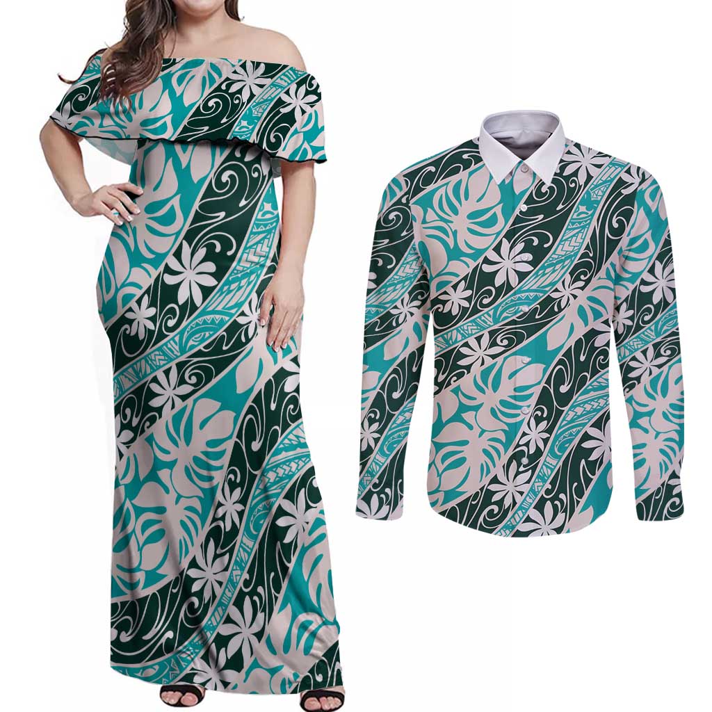 Cyan Tahiti Tiare Monstera Couples Matching Off Shoulder Maxi Dress and Long Sleeve Button Shirt Polynesian Pattern Curve Style - Polynesian Pride