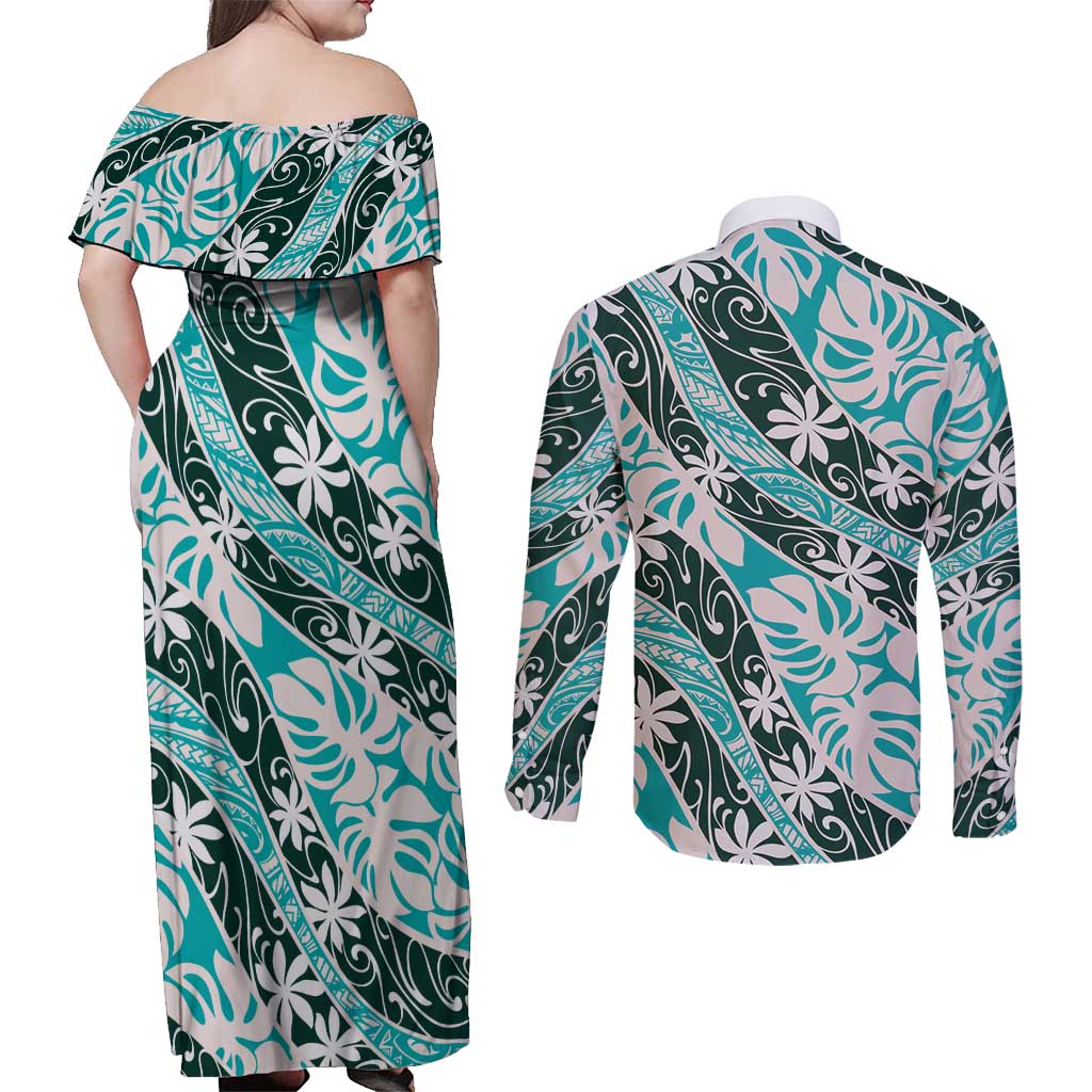 Cyan Tahiti Tiare Monstera Couples Matching Off Shoulder Maxi Dress and Long Sleeve Button Shirt Polynesian Pattern Curve Style - Polynesian Pride