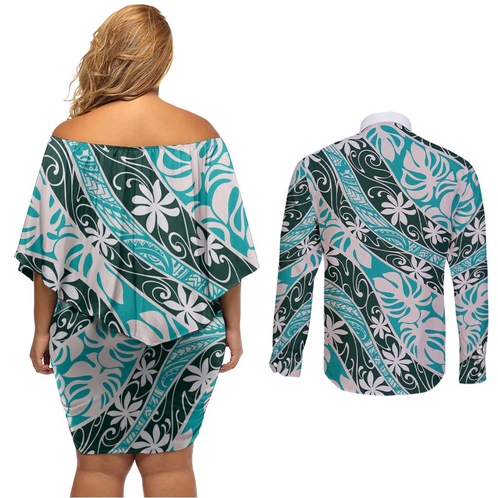 Cyan Tahiti Tiare Monstera Couples Matching Off Shoulder Short Dress and Long Sleeve Button Shirt Polynesian Pattern Curve Style - Polynesian Pride