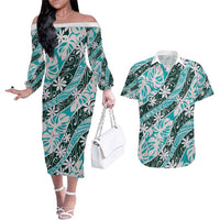 Cyan Tahiti Tiare Monstera Couples Matching Off The Shoulder Long Sleeve Dress and Hawaiian Shirt Polynesian Pattern Curve Style - Polynesian Pride