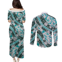 Cyan Tahiti Tiare Monstera Couples Matching Puletasi and Long Sleeve Button Shirt Polynesian Pattern Curve Style - Polynesian Pride