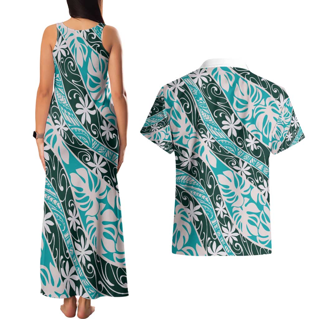 Cyan Tahiti Tiare Monstera Couples Matching Tank Maxi Dress and Hawaiian Shirt Polynesian Pattern Curve Style - Polynesian Pride