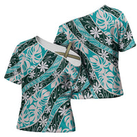 Cyan Tahiti Tiare Monstera Cross Shoulder Shirt Polynesian Pattern Curve Style - Polynesian Pride