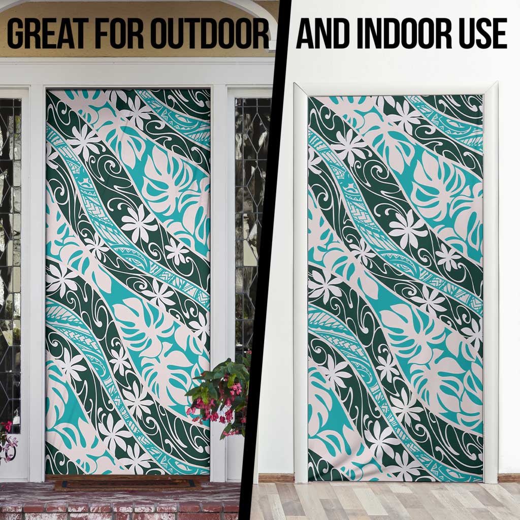 Cyan Tahiti Tiare Monstera Door Cover Polynesian Pattern Curve Style - Polynesian Pride