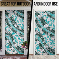 Cyan Tahiti Tiare Monstera Door Cover Polynesian Pattern Curve Style - Polynesian Pride