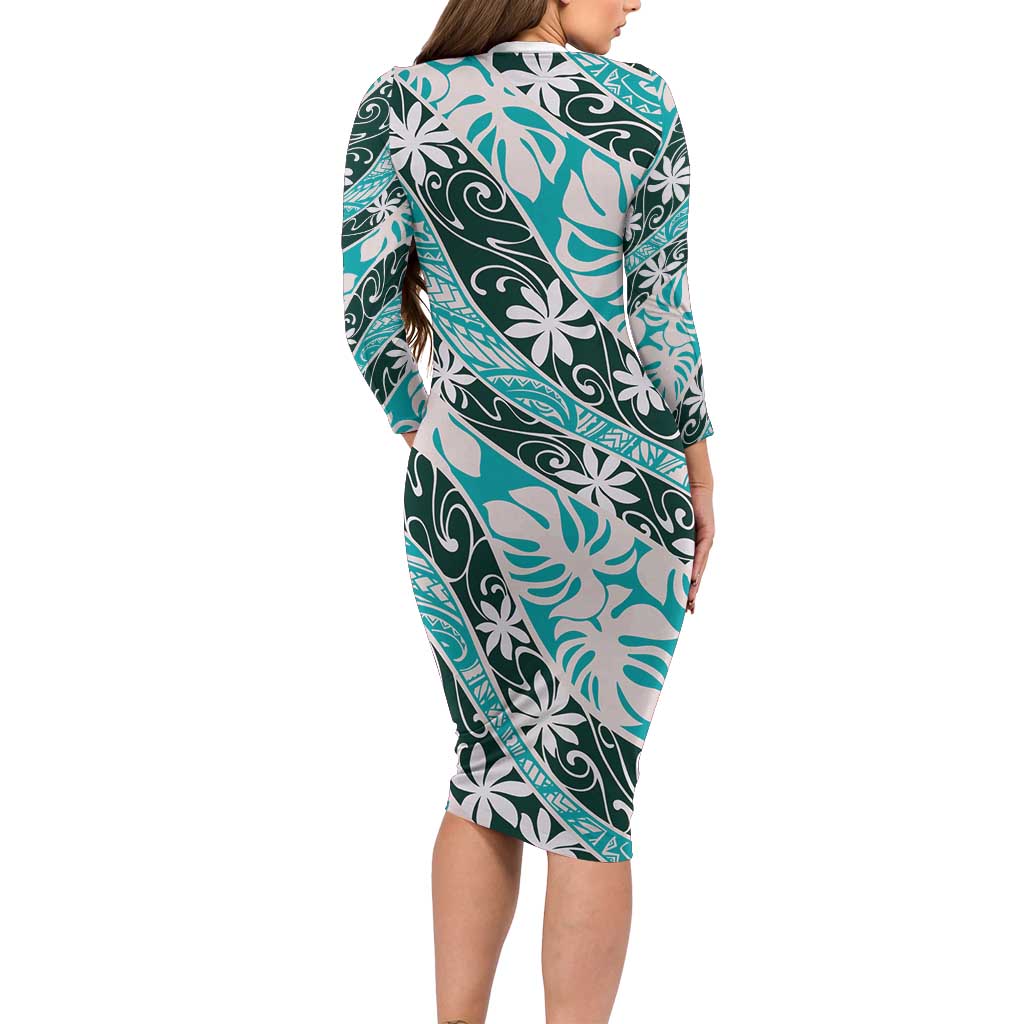 Cyan Tahiti Tiare Monstera Family Matching Long Sleeve Bodycon Dress and Hawaiian Shirt Polynesian Pattern Curve Style - Polynesian Pride