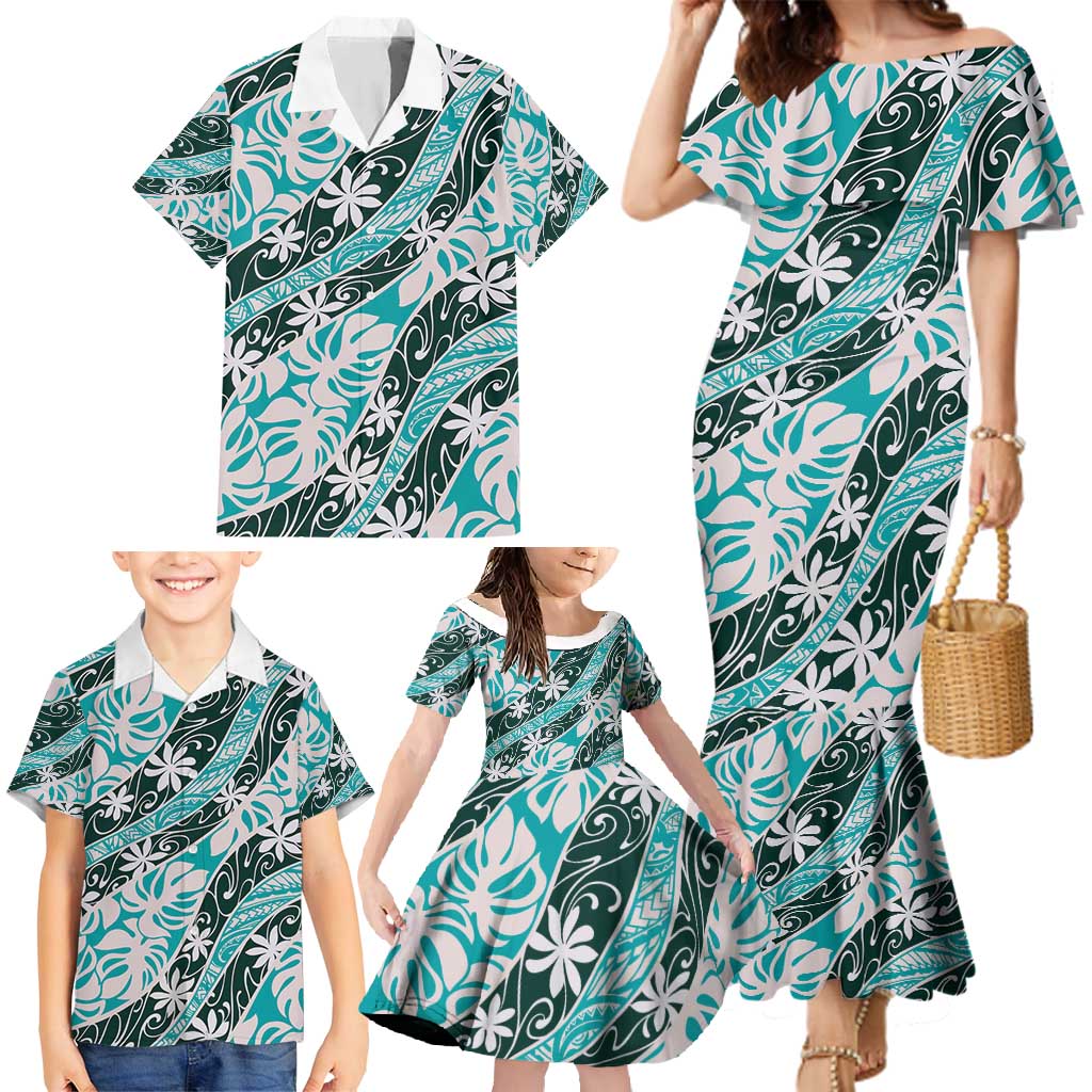 Cyan Tahiti Tiare Monstera Family Matching Mermaid Dress and Hawaiian Shirt Polynesian Pattern Curve Style - Polynesian Pride