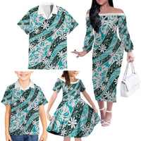 Cyan Tahiti Tiare Monstera Family Matching Off The Shoulder Long Sleeve Dress and Hawaiian Shirt Polynesian Pattern Curve Style - Polynesian Pride