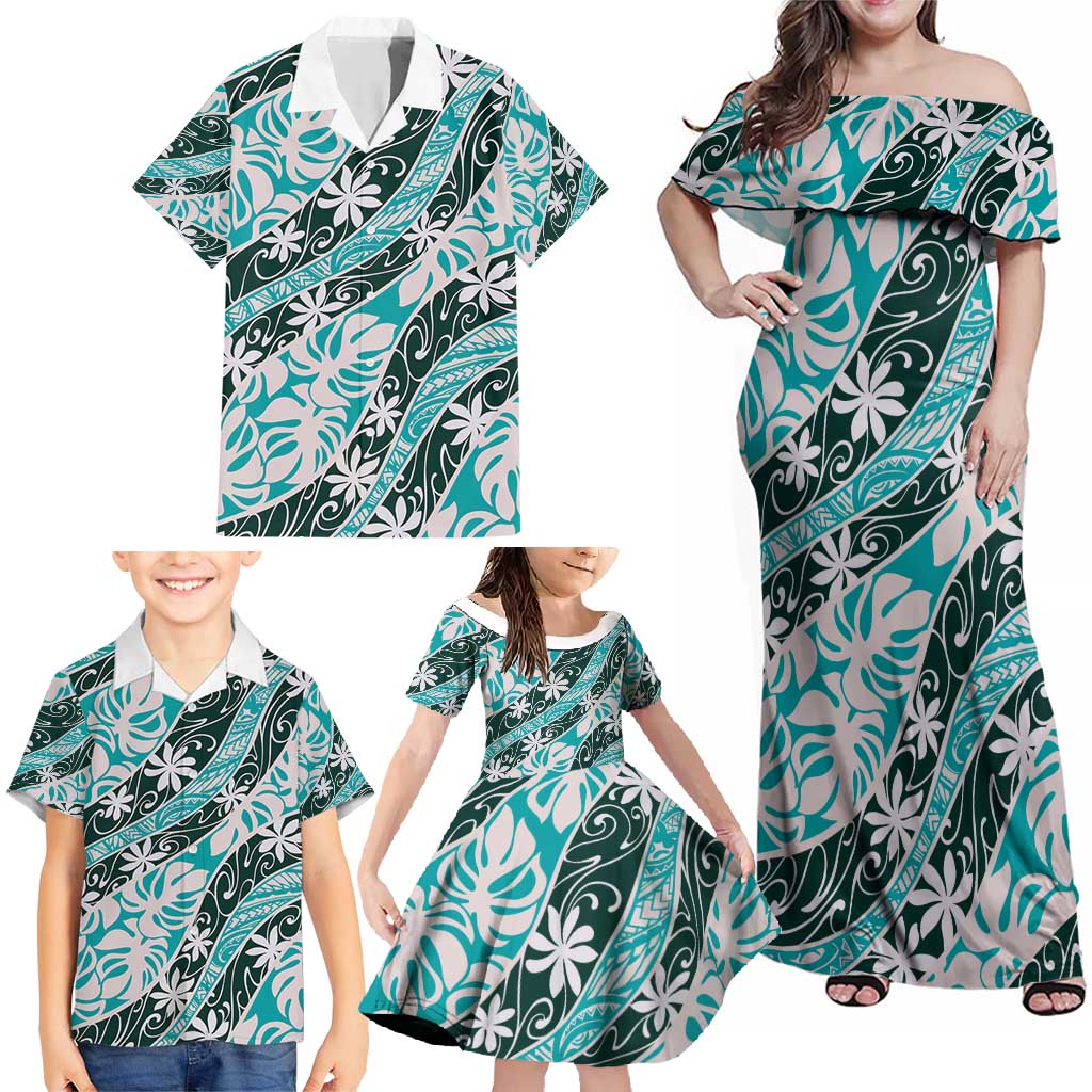Cyan Tahiti Tiare Monstera Family Matching Off Shoulder Maxi Dress and Hawaiian Shirt Polynesian Pattern Curve Style - Polynesian Pride