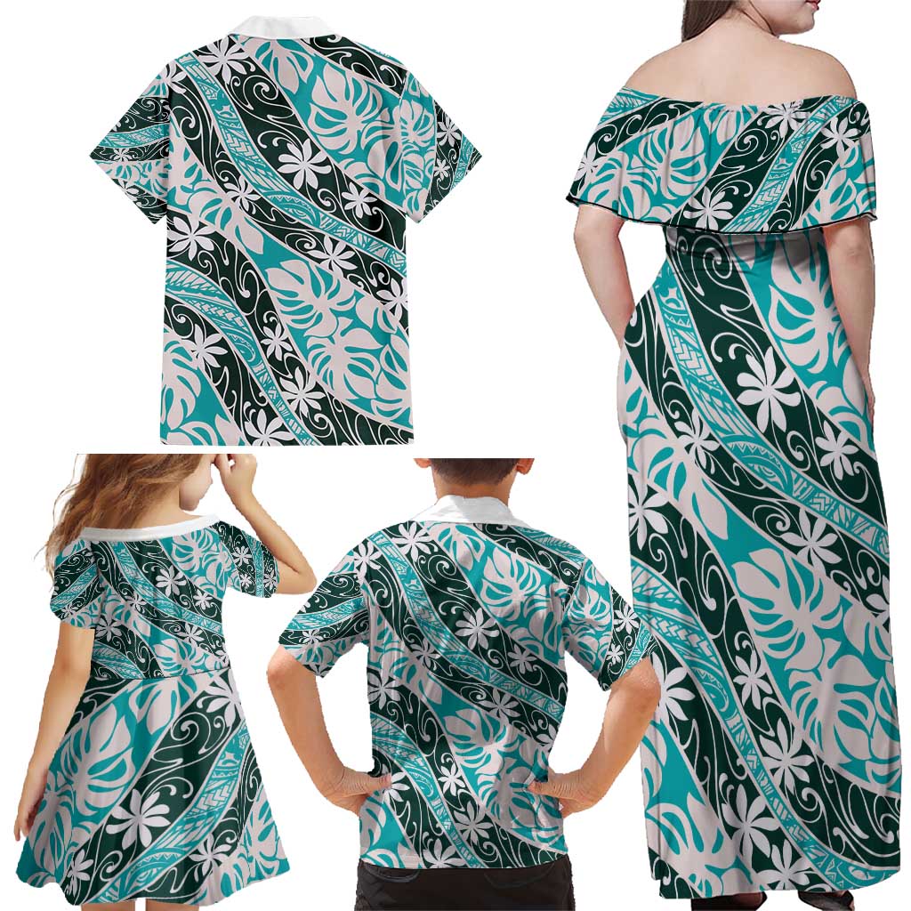 Cyan Tahiti Tiare Monstera Family Matching Off Shoulder Maxi Dress and Hawaiian Shirt Polynesian Pattern Curve Style - Polynesian Pride