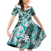 Cyan Tahiti Tiare Monstera Family Matching Off Shoulder Short Dress and Hawaiian Shirt Polynesian Pattern Curve Style - Polynesian Pride