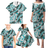 Cyan Tahiti Tiare Monstera Family Matching Puletasi and Hawaiian Shirt Polynesian Pattern Curve Style - Polynesian Pride