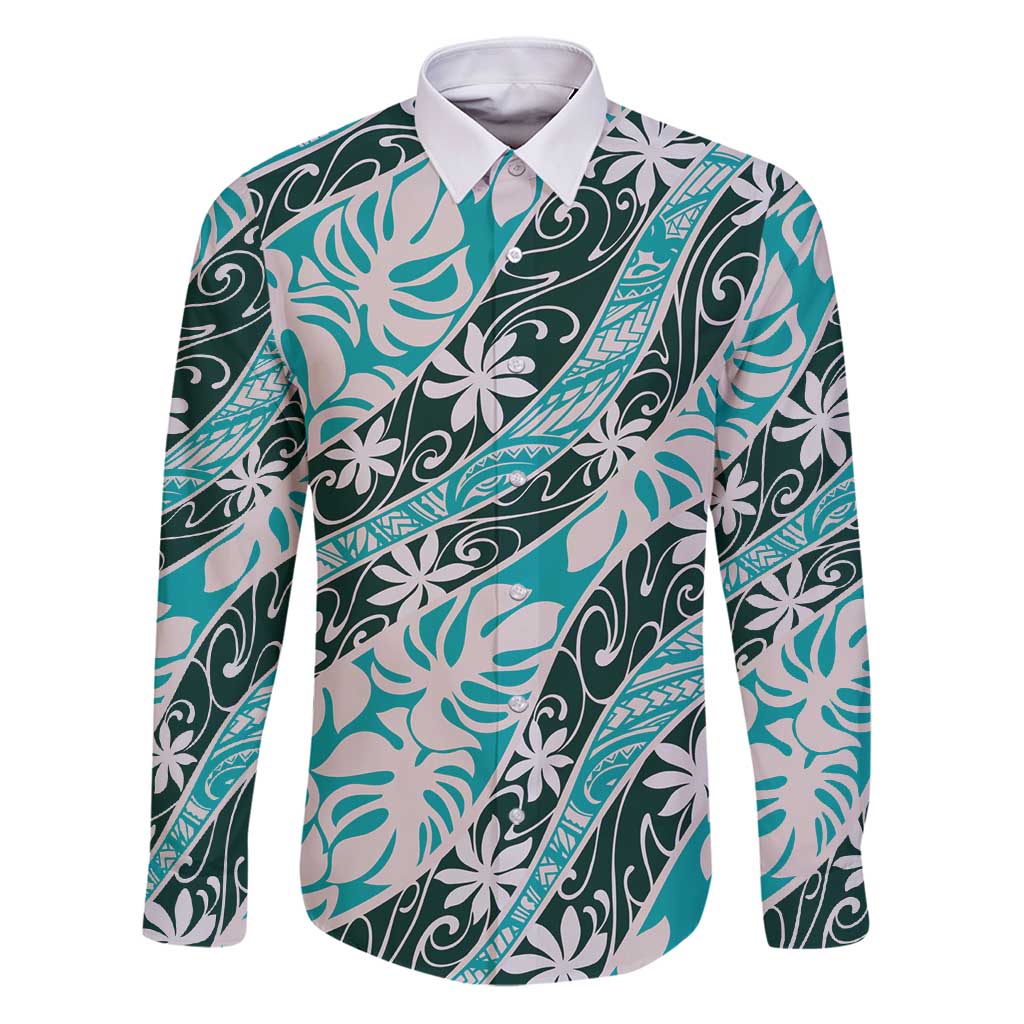 Cyan Tahiti Tiare Monstera Family Matching Puletasi and Hawaiian Shirt Polynesian Pattern Curve Style - Polynesian Pride
