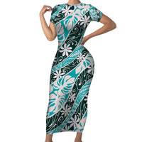 Cyan Tahiti Tiare Monstera Family Matching Short Sleeve Bodycon Dress and Hawaiian Shirt Polynesian Pattern Curve Style - Polynesian Pride