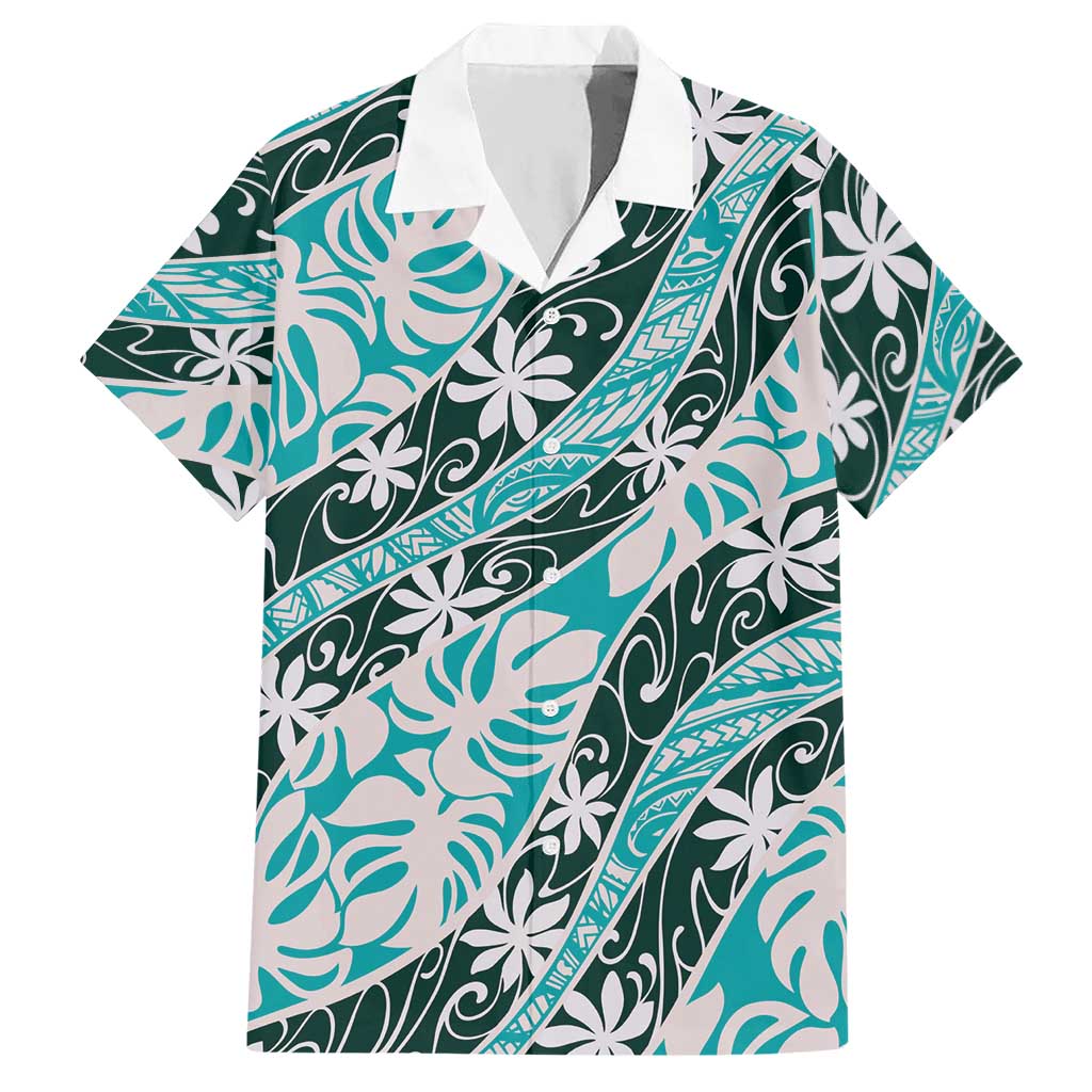Cyan Tahiti Tiare Monstera Hawaiian Shirt Polynesian Pattern Curve Style LT01 Cyan - Polynesian Pride