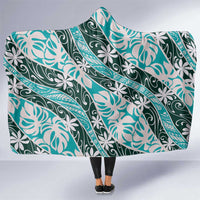 Cyan Tahiti Tiare Monstera Hooded Blanket Polynesian Pattern Curve Style - Polynesian Pride
