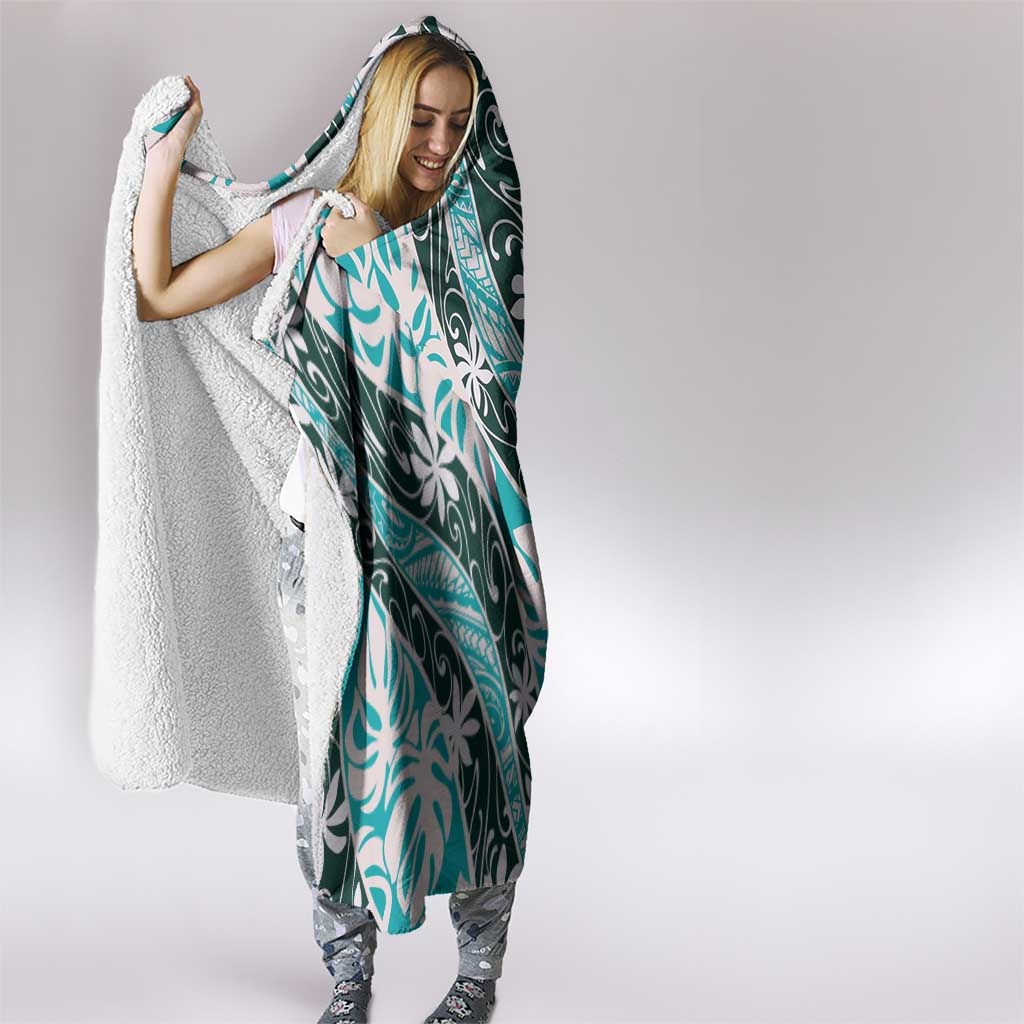 Cyan Tahiti Tiare Monstera Hooded Blanket Polynesian Pattern Curve Style - Polynesian Pride