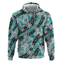 Cyan Tahiti Tiare Monstera Hoodie Polynesian Pattern Curve Style - Polynesian Pride