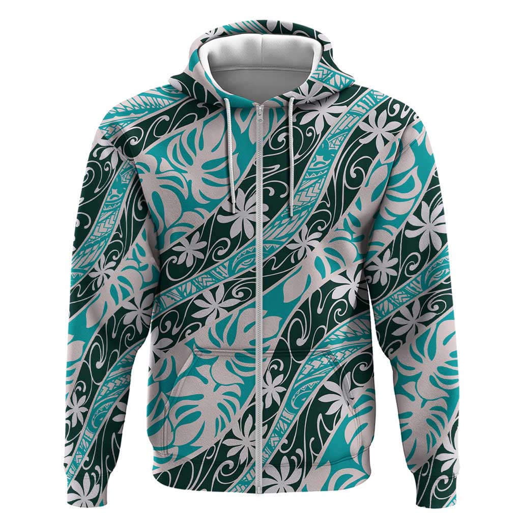 Cyan Tahiti Tiare Monstera Hoodie Polynesian Pattern Curve Style - Polynesian Pride