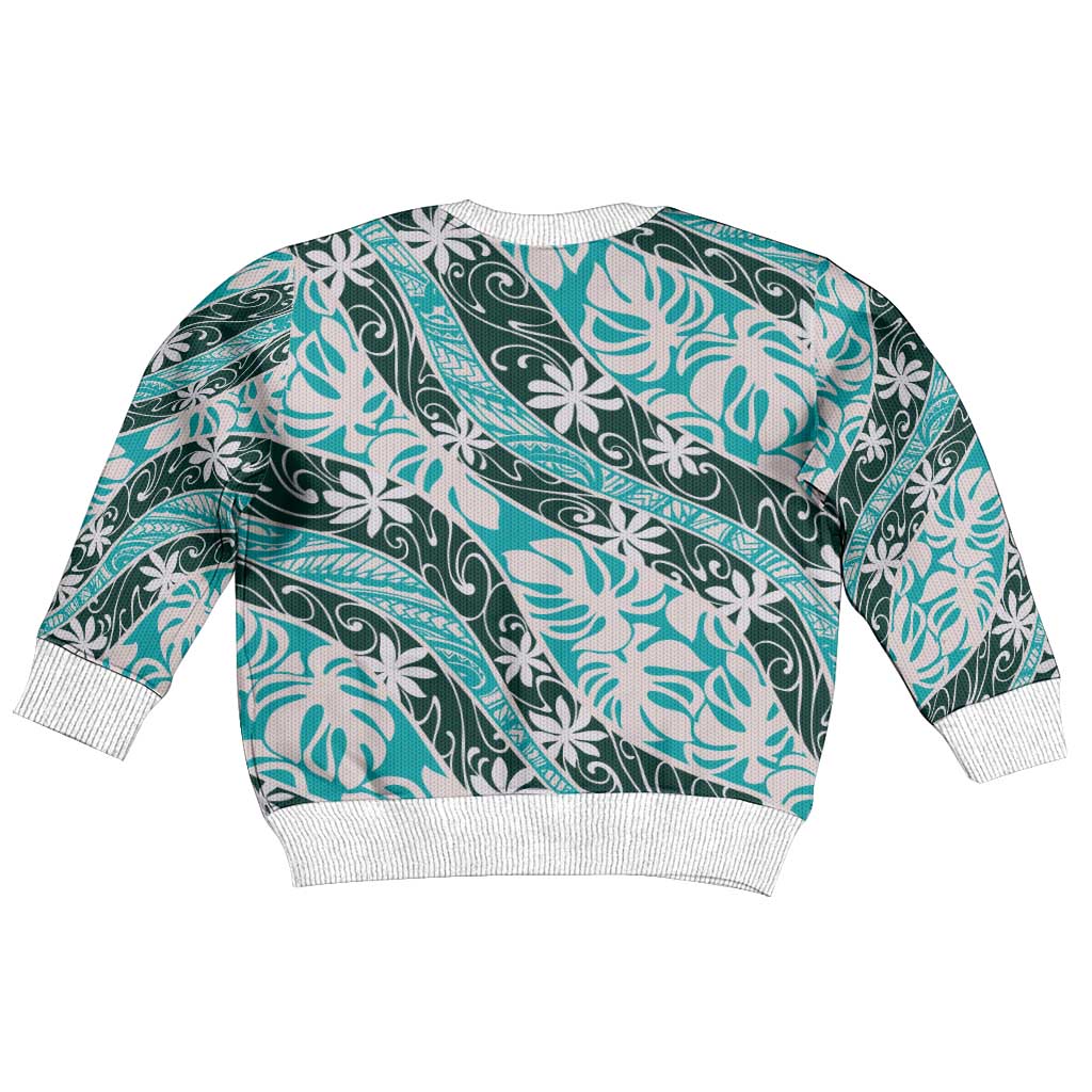 Cyan Tahiti Tiare Monstera Kid Ugly Christmas Sweater Polynesian Pattern Curve Style - Polynesian Pride
