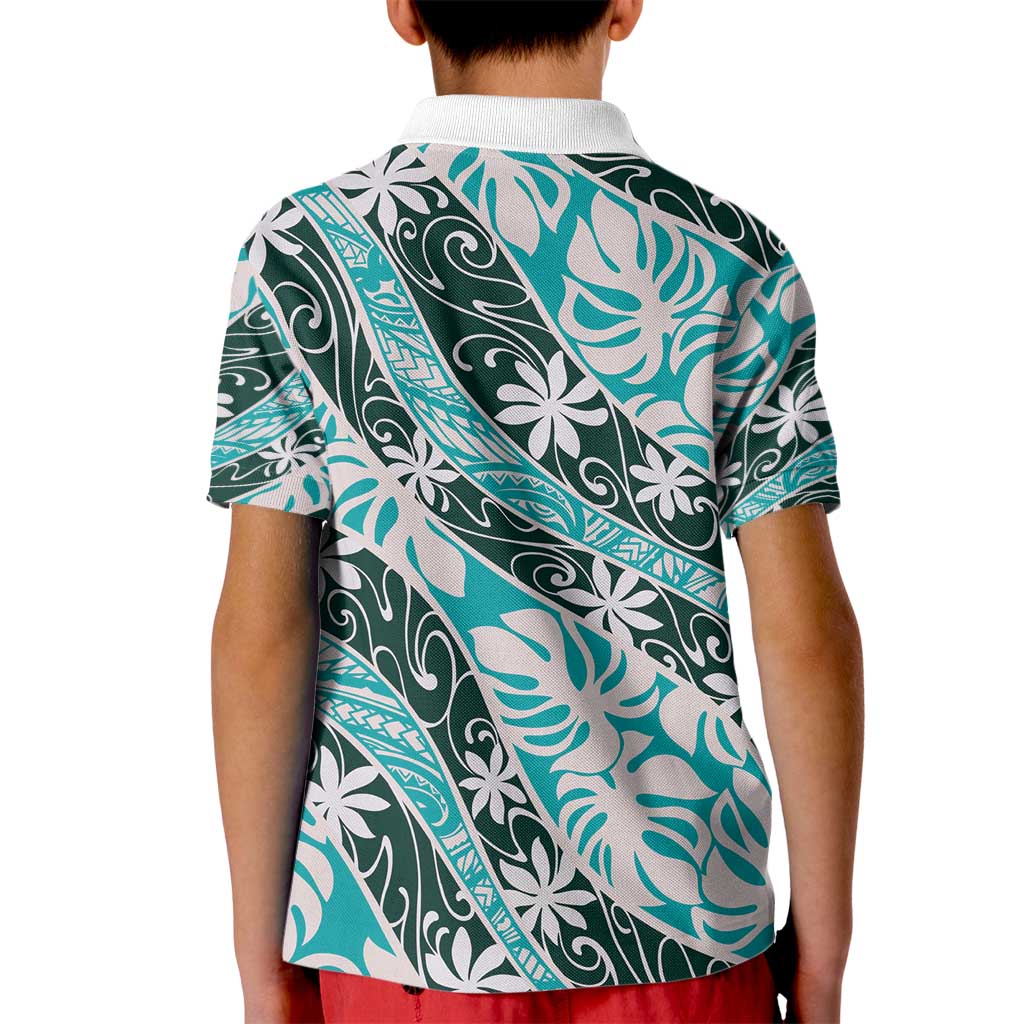 Cyan Tahiti Tiare Monstera Kid Polo Shirt Polynesian Pattern Curve Style - Polynesian Pride
