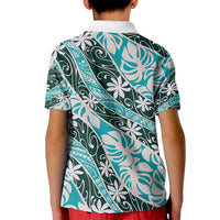 Cyan Tahiti Tiare Monstera Kid Polo Shirt Polynesian Pattern Curve Style - Polynesian Pride