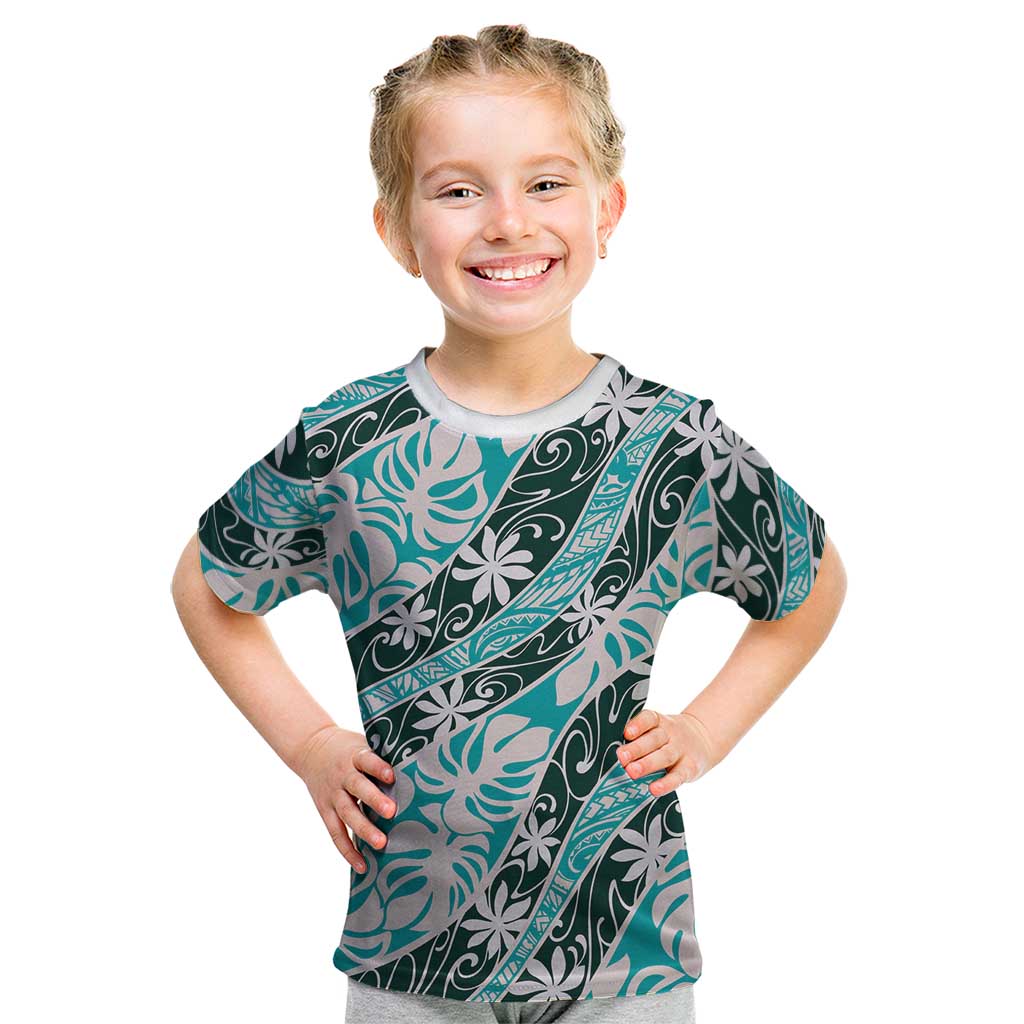 Cyan Tahiti Tiare Monstera Kid T Shirt Polynesian Pattern Curve Style - Polynesian Pride