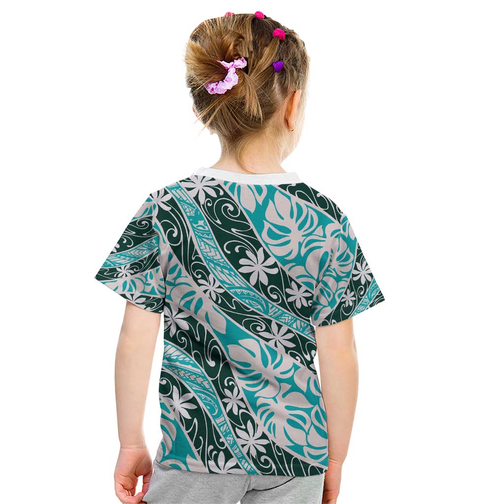 Cyan Tahiti Tiare Monstera Kid T Shirt Polynesian Pattern Curve Style - Polynesian Pride