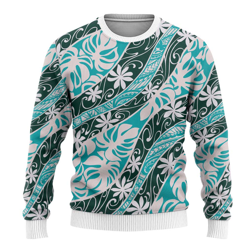 Cyan Tahiti Tiare Monstera Ugly Christmas Sweater Polynesian Pattern Curve Style - Polynesian Pride