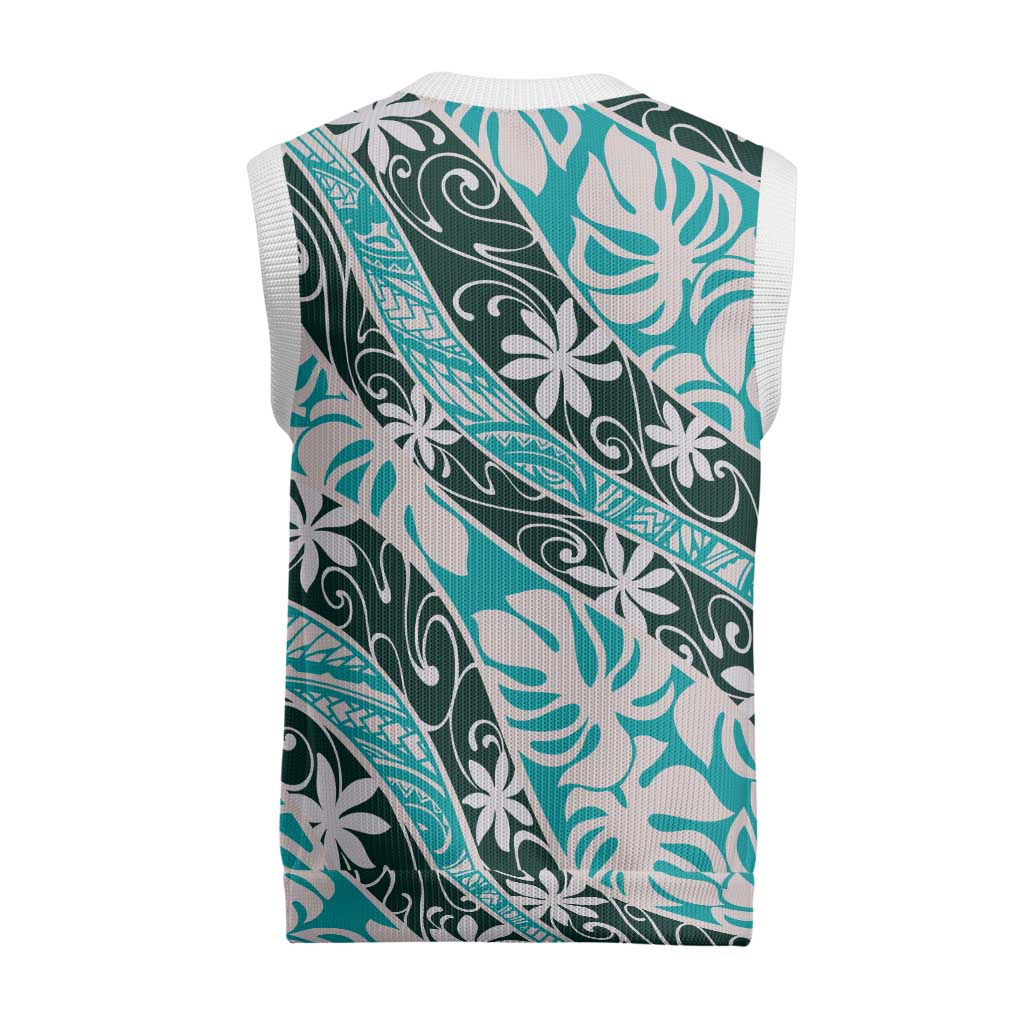 Cyan Tahiti Tiare Monstera Christmas Knitted V-Neck Vest Polynesian Pattern Curve Style - Polynesian Pride
