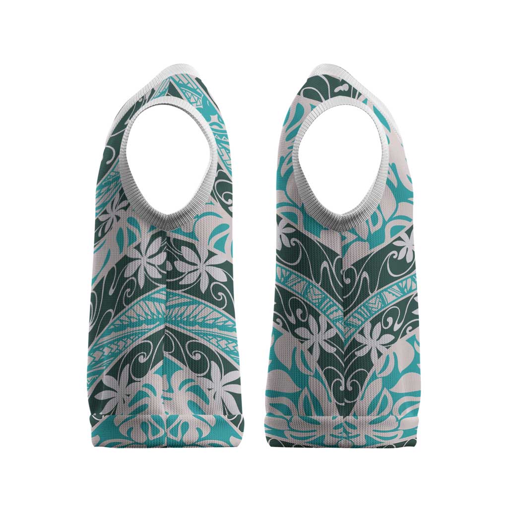 Cyan Tahiti Tiare Monstera Christmas Knitted V-Neck Vest Polynesian Pattern Curve Style - Polynesian Pride
