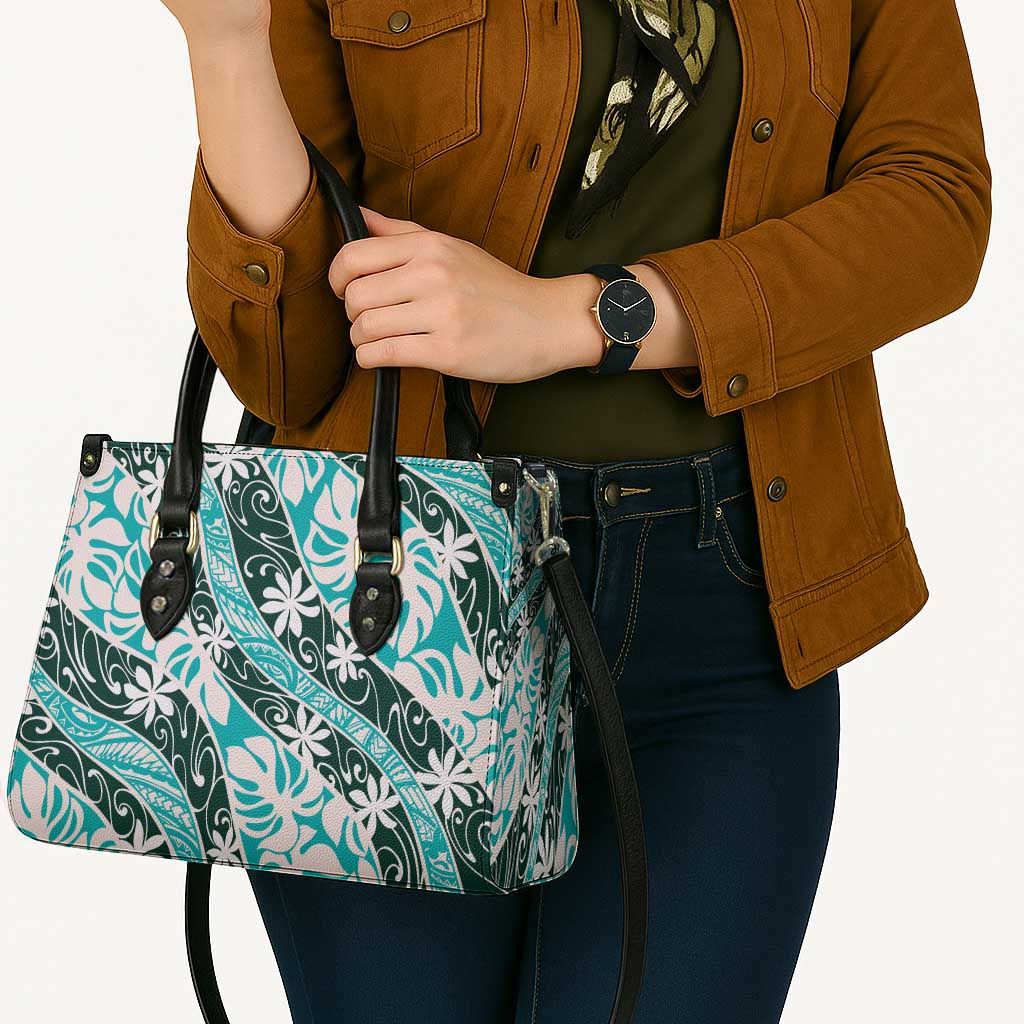 Cyan Tahiti Tiare Monstera Leather Bag Polynesian Pattern Curve Style - Polynesian Pride