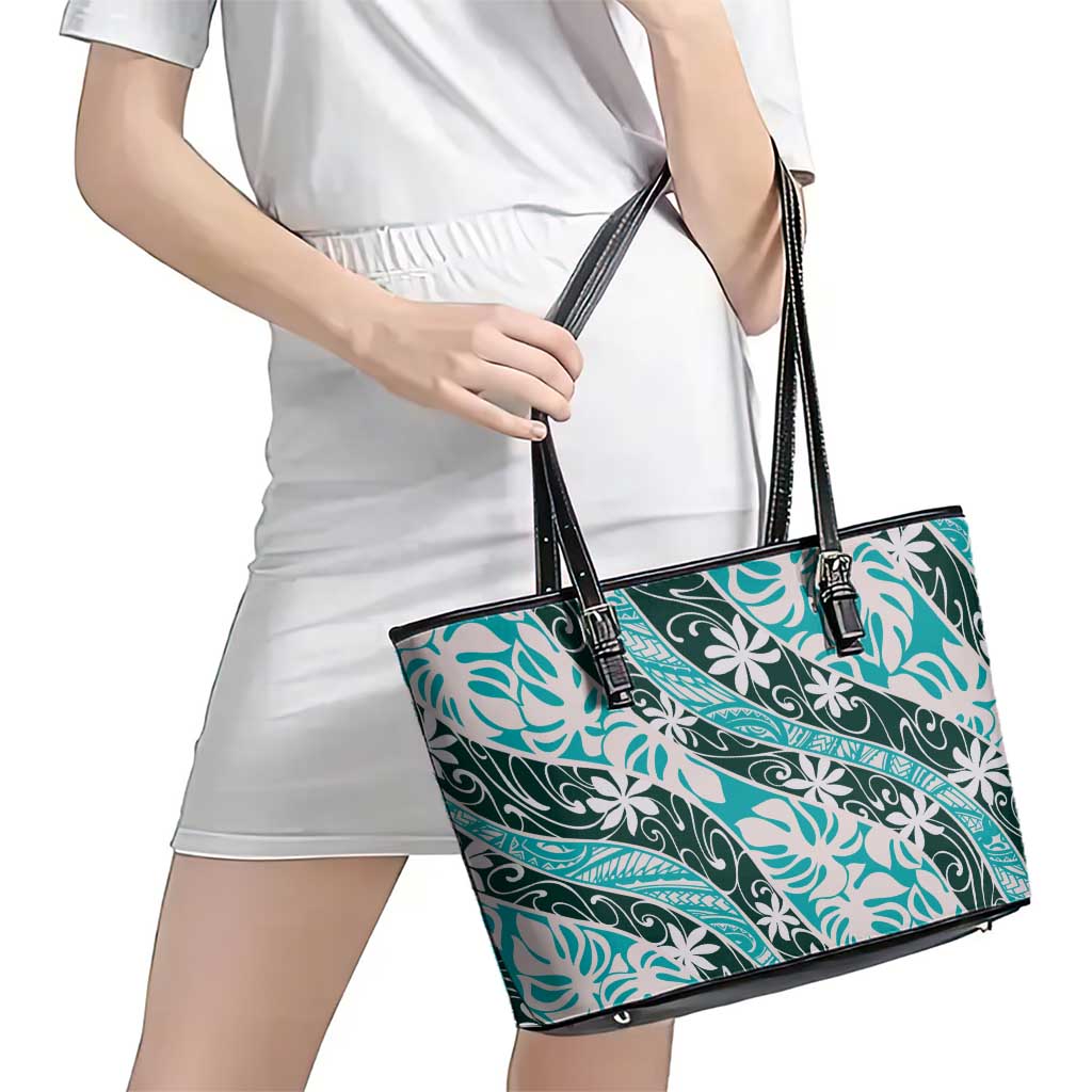 Cyan Tahiti Tiare Monstera Leather Tote Bag Polynesian Pattern Curve Style - Polynesian Pride