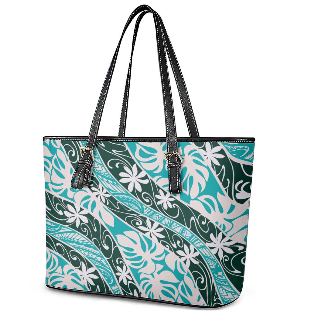 Cyan Tahiti Tiare Monstera Leather Tote Bag Polynesian Pattern Curve Style - Polynesian Pride