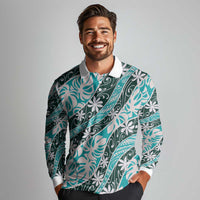 Cyan Tahiti Tiare Monstera Long Sleeve Polo Shirt Polynesian Pattern Curve Style - Polynesian Pride