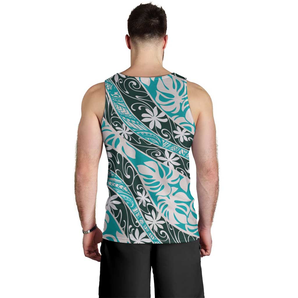 Cyan Tahiti Tiare Monstera Men Tank Top Polynesian Pattern Curve Style - Polynesian Pride