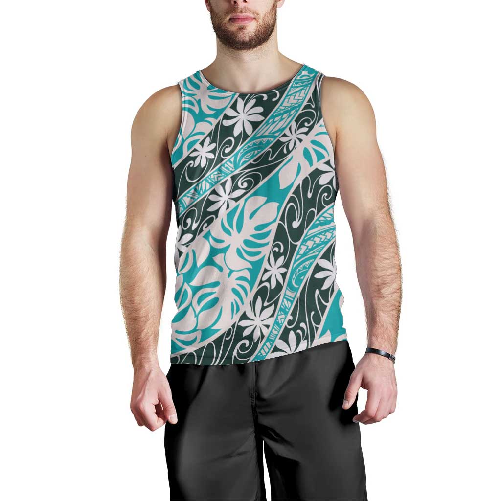 Cyan Tahiti Tiare Monstera Men Tank Top Polynesian Pattern Curve Style - Polynesian Pride