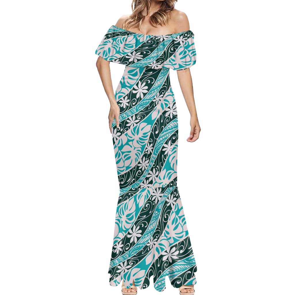 Cyan Tahiti Tiare Monstera Mermaid Dress Polynesian Pattern Curve Style - Polynesian Pride