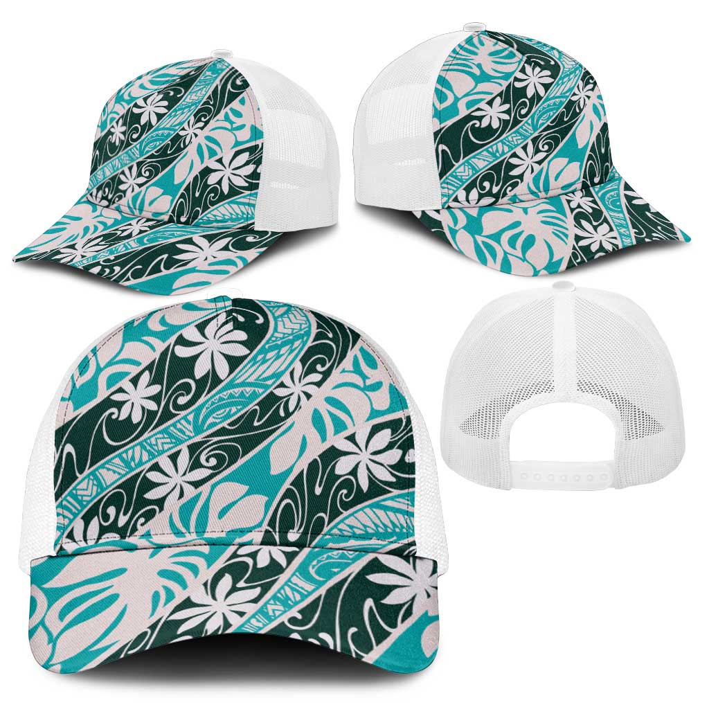 Cyan Tahiti Tiare Monstera Mesh Trucker Cap Polynesian Pattern Curve Style - Polynesian Pride