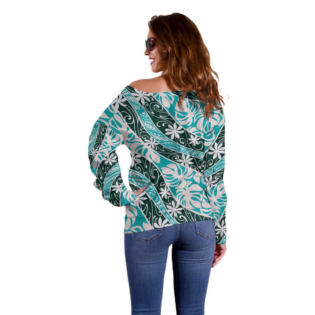 Cyan Tahiti Tiare Monstera Off Shoulder Sweater Polynesian Pattern Curve Style - Polynesian Pride