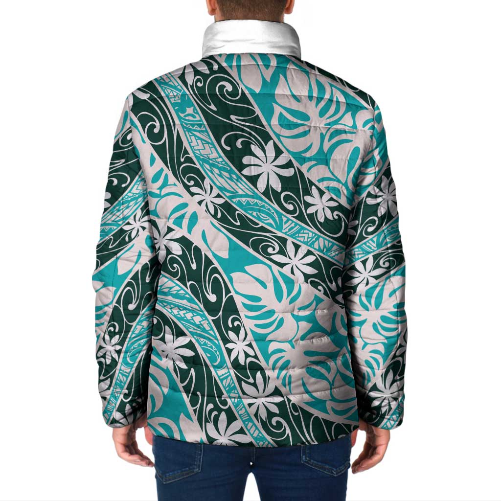 Cyan Tahiti Tiare Monstera Padded Jacket Polynesian Pattern Curve Style - Polynesian Pride