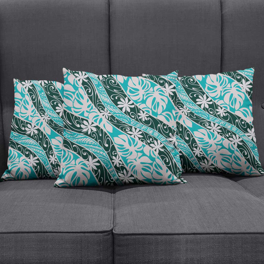 Cyan Tahiti Tiare Monstera Pillow Cover Polynesian Pattern Curve Style - Polynesian Pride