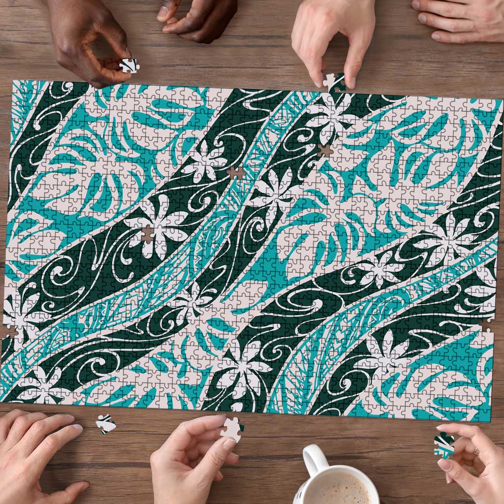 Cyan Tahiti Tiare Monstera Puzzle Polynesian Pattern Curve Style - Polynesian Pride