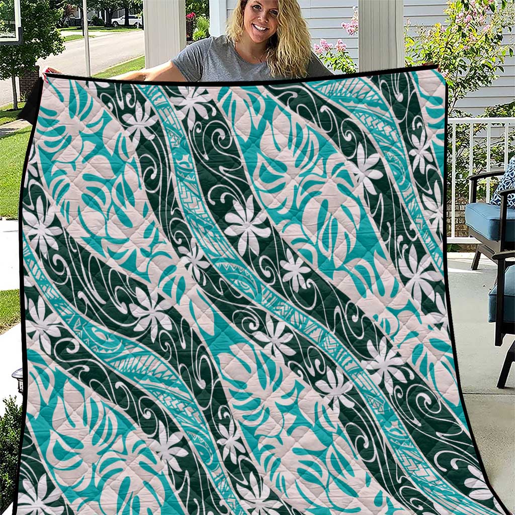 Cyan Tahiti Tiare Monstera Quilt Polynesian Pattern Curve Style - Polynesian Pride