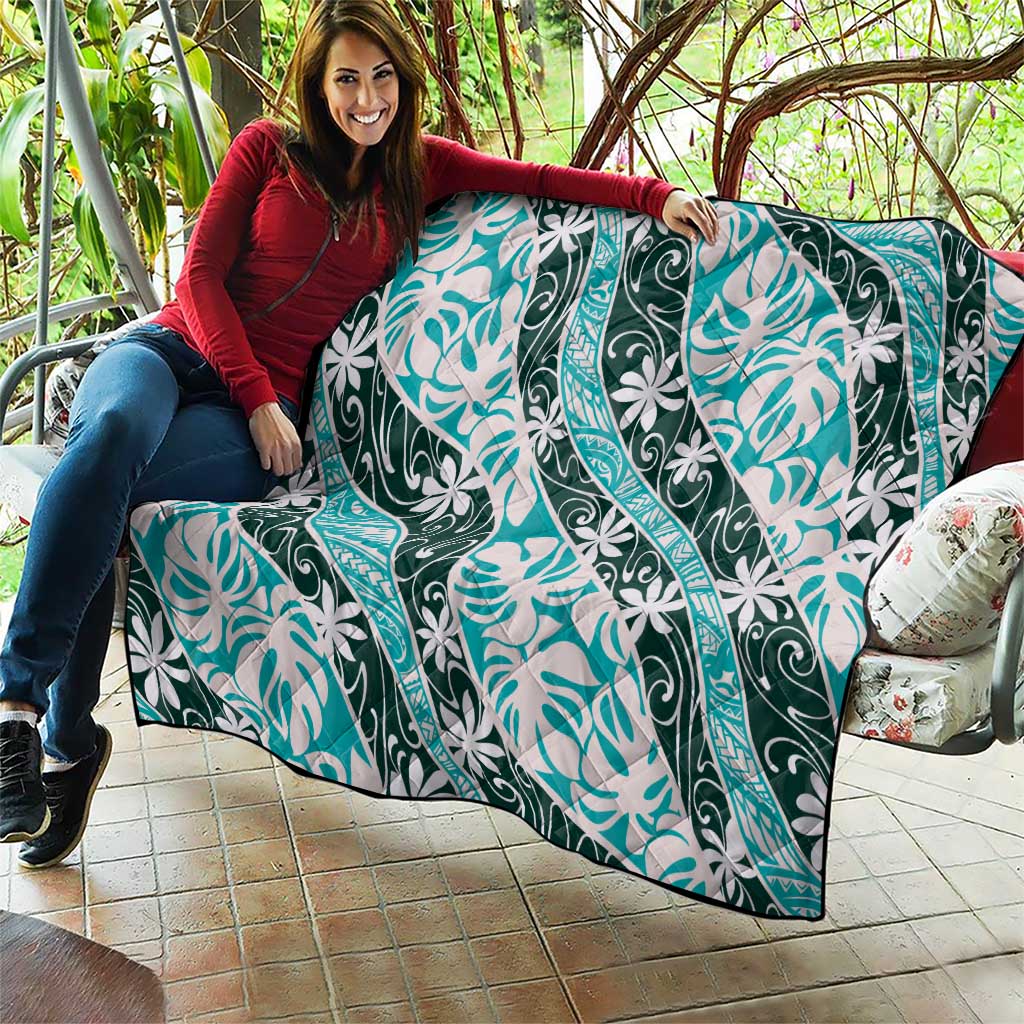 Cyan Tahiti Tiare Monstera Quilt Polynesian Pattern Curve Style - Polynesian Pride
